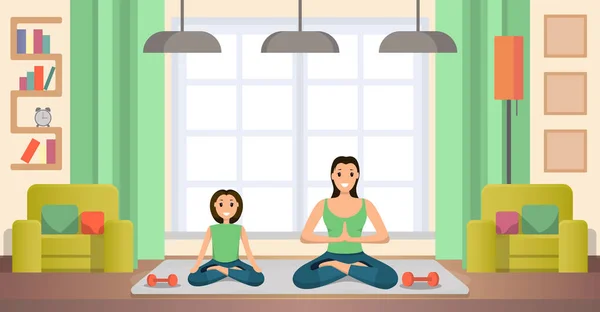 Madre e Hija Practicando Yoga Vector plano — Vector de stock