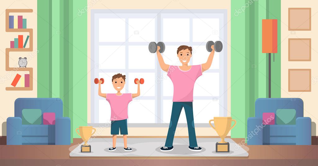 Father with Son Doing Exercises at Home Vector