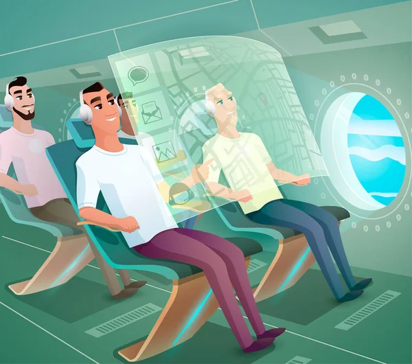 Clients heureux de ligne aérienne dans le vecteur d'avion futuriste — Image vectorielle