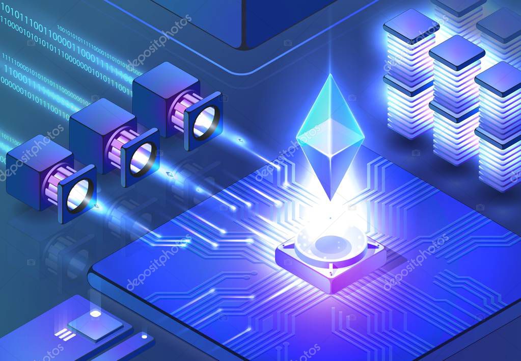Smart Ethereum Mining. Cryptocurrency and Blockchain Concept. Data Transmission and Processing, Digital Technologies, Data Center. Blockchain Network Business. Vector Isometric Illustration.