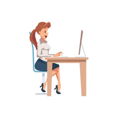 Kadın ofiste masada çalışıyor. Vektör.