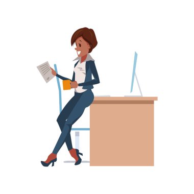 Kadın ofiste masada çalışıyor. Vektör.