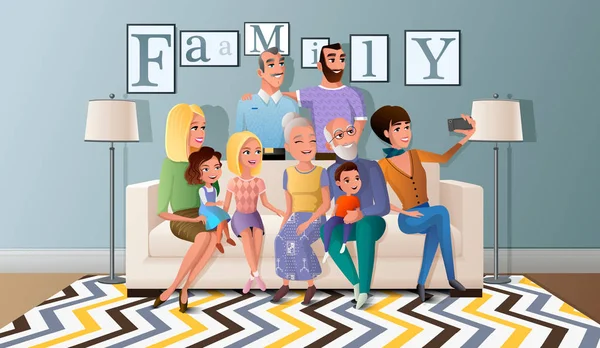 Foto selfie con gran familia Vector de dibujos animados — Vector de stock