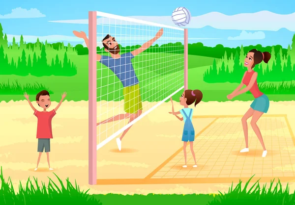 Vector de dibujos animados Happy Family Playing Sports in Park — Archivo Imágenes Vectoriales