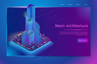 Fütüristik neon mimari izometrik web afiş