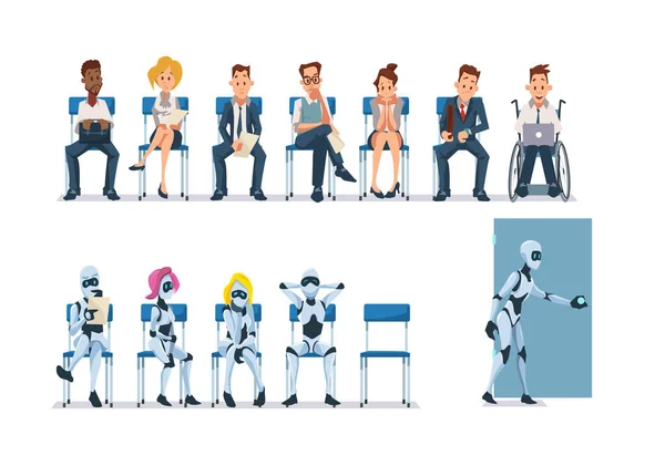 Job Interview Recruiting and Robots. Vector. — Stock Vector