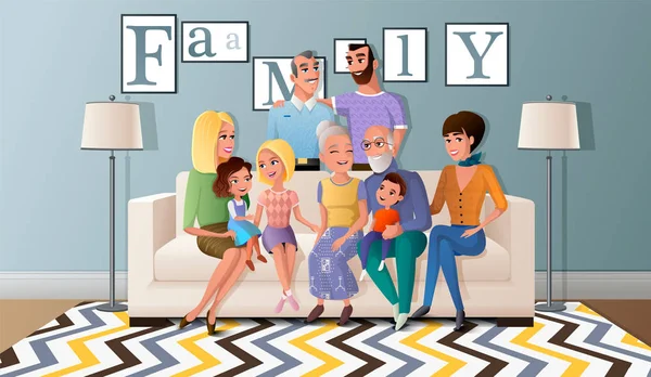 Big Family Gathered Together Cartoon Vector — Stock Vector