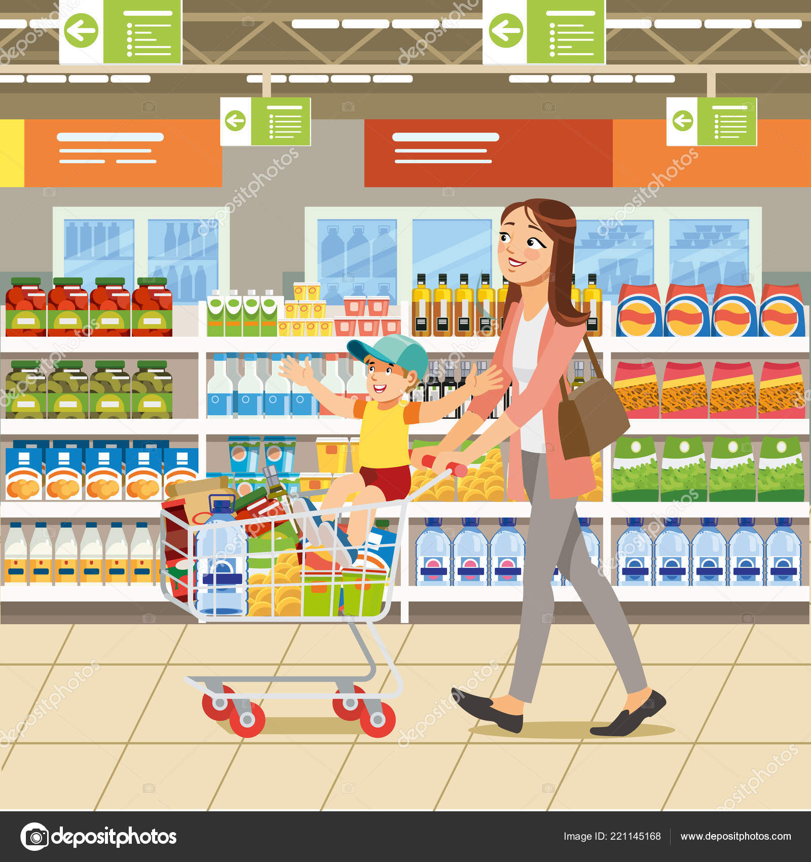 Supermercado Cartoon - Homem empurrando o carrinho na ilustração de