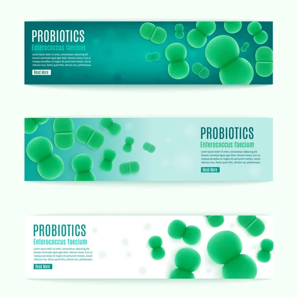 Probiotici Realistic Vector Horizontal Web Banners Set Synbiotics Enterococcus Faecium — Vettoriale Stock