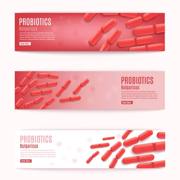 Set di banner web orizzontali rossi vettoriali probiotici — Vettoriale Stock
