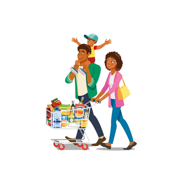 Family Shopping in Grocery Shop Cartoon Vector — Stock Vector