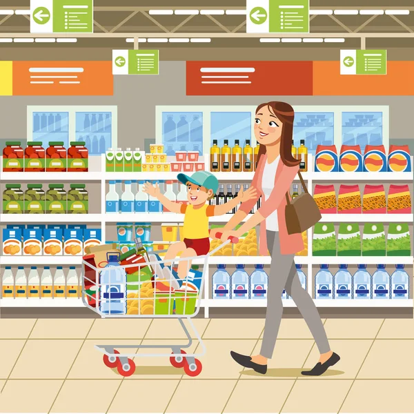 Shopping con Family Cartoon Vector Concept — Vettoriale Stock