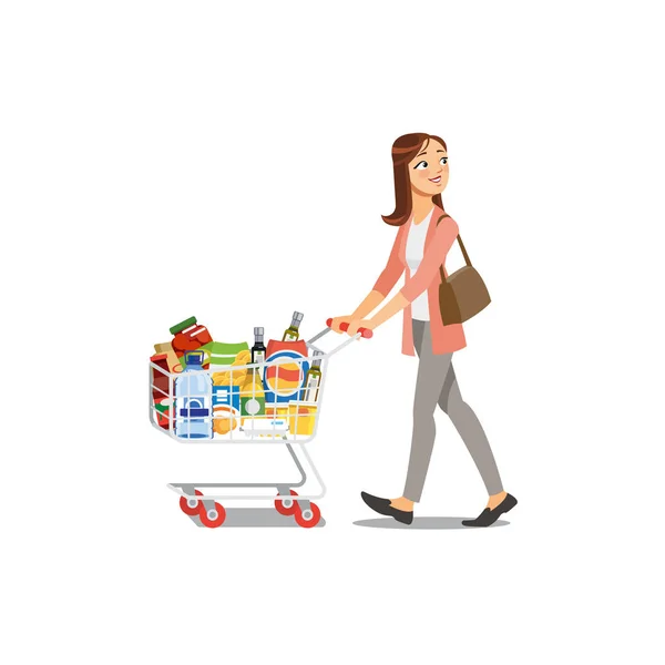 Žena nakupování v s potravinami Shop kreslené vektorové — Stockový vektor