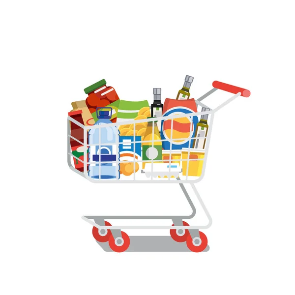 Carrinho de Compras Cheio de Alimentos Isolados Flat Vector — Vetor de Stock