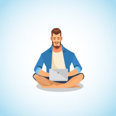 İş ve eğlence için dizüstü bilgisayar kullanarak adam karikatür vektör