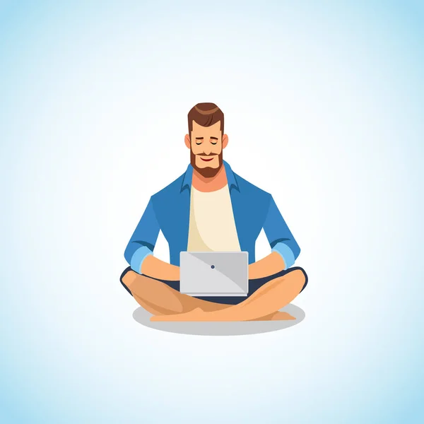 Homem usando laptop para o trabalho e diversão Cartoon Vector — Vetor de Stock