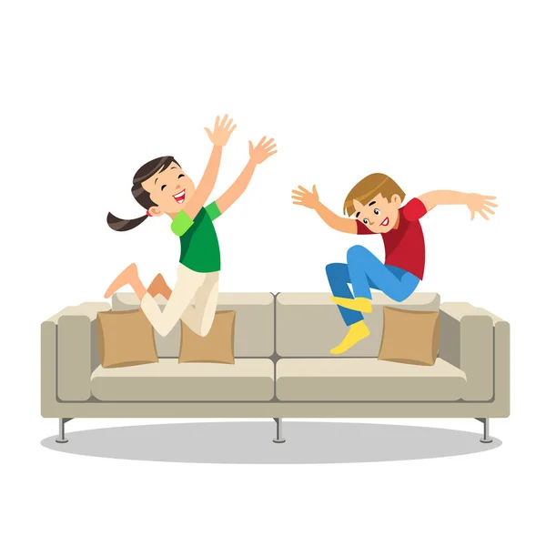 Szczęśliwy chłopiec i dziewczynka skacze na kanapie kreskówka wektor — Wektor stockowy