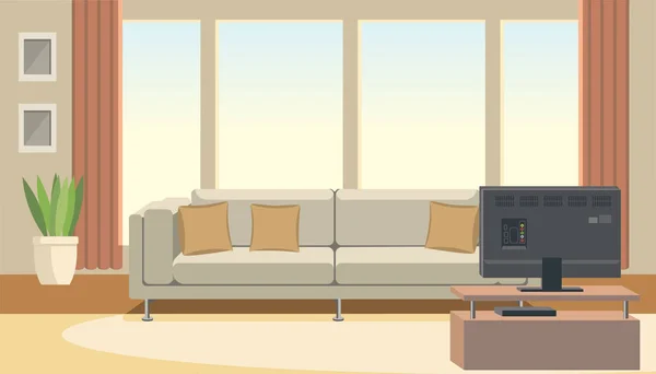 Living Room Interior with Sofa and TV Flat Vector — Stock Vector