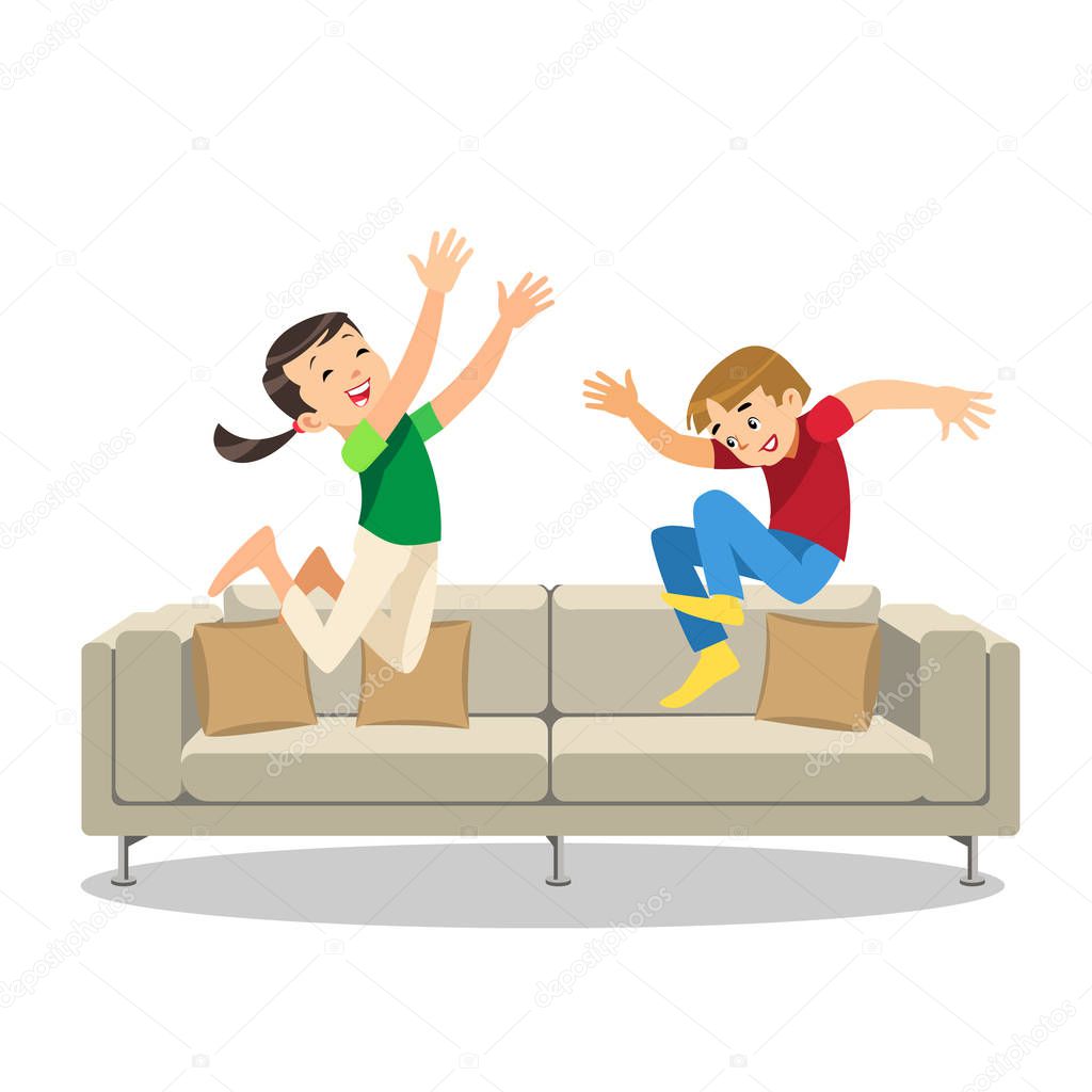 Happy Boy and Girl Jumping on Sofa Cartoon Vector