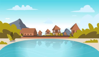 Vektör görüntü bir göl kıyısında bir köy