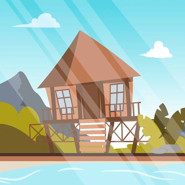 Imagen vectorial de un bungalow a orillas de una laguna — Vector de stock