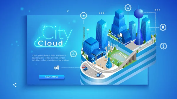 El concepto de ciudad inteligente de nube inteligente — Vector de stock
