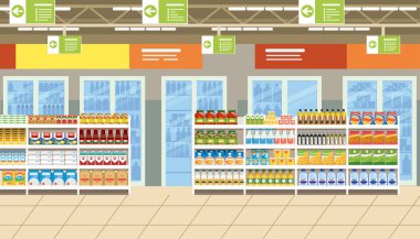 Süpermarket iç raflar vektör gıda ile