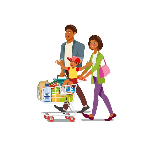 Familia comprando comida en la tienda de comestibles Vector de dibujos animados — Vector de stock