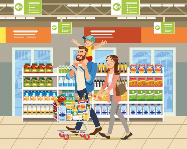 Family Shopping in Supermarket Cartoon Vector — Stock Vector