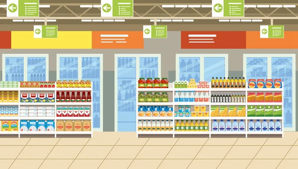 Interior del supermercado con comida en los estantes Vector — Vector de stock