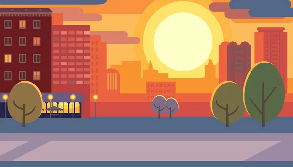 Calle de la ciudad durante la puesta del sol Ilustración plana del vector — Vector de stock