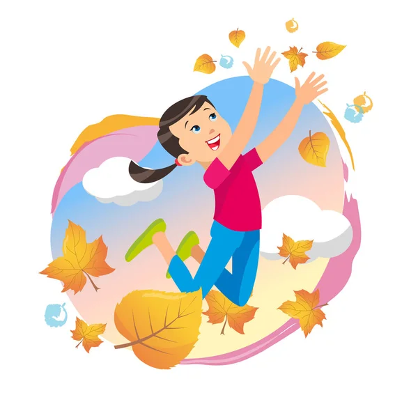 Девушка, играющая в парке, бросает листья — стоковый вектор