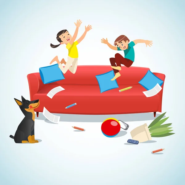 Niños saltando en el sofá jugando con una pelota — Vector de stock