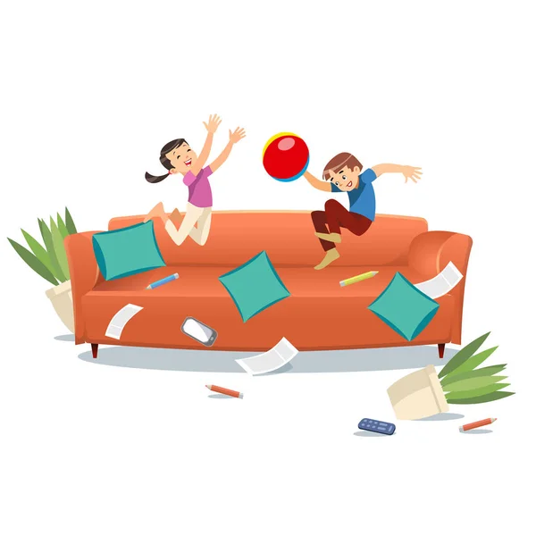 Niños saltando en el sofá jugando con una pelota — Vector de stock