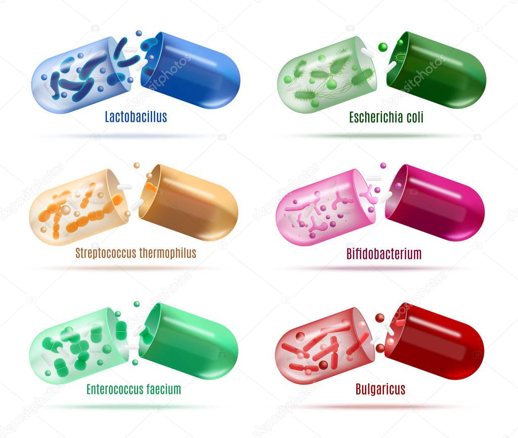 Medicines with Probiotics Bacteria Vector Set