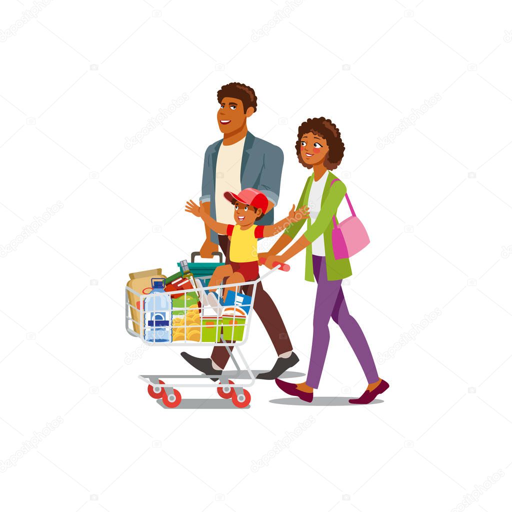 Family Buying Food in Grocery Store Cartoon Vector