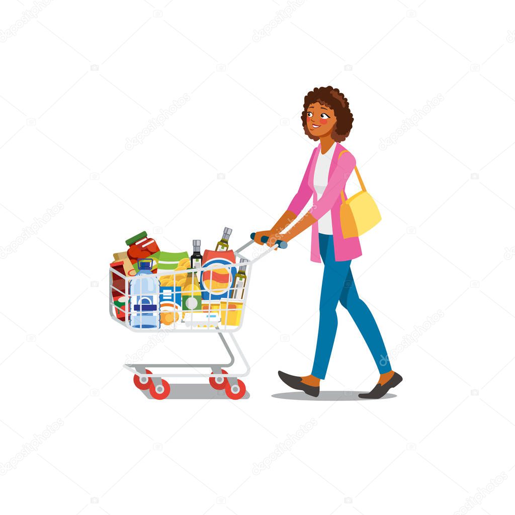 Woman Shopping in Grocery Shop Cartoon Vector