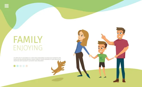 Família feliz caminhar no parque plana vetor Web Banner —  Vetores de Stock