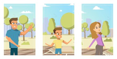 İllüstrasyon karikatür ayarla portreler aile üyeleri. Vektör görüntü ayarla portreler mutlu gülümseyen aile izole beyaz arka plan üzerinde. Baba, Oğul, anne arka plan Şehir Parkı ağaçları ile üzerinde