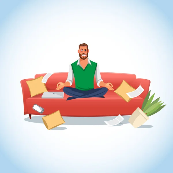 Hombre estresado en posición de loto en el sofá — Vector de stock