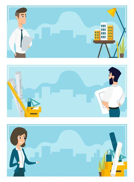 Set of illustrations of architects at work — Stock Vector