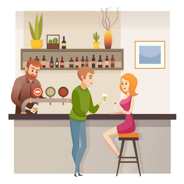 Young Couple Date in Restaurant Bar or Pub Vector — Stock Vector