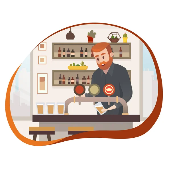 Barman Trabalhando no Bar Counter Flat Illustration — Vetor de Stock