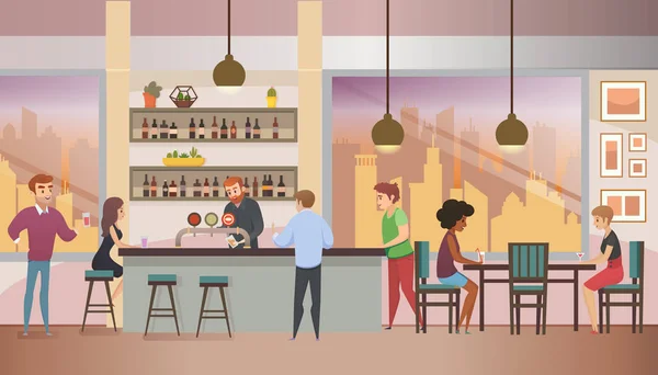 City Bar Lleno de Visitantes Vector plano Ilustración — Archivo Imágenes Vectoriales