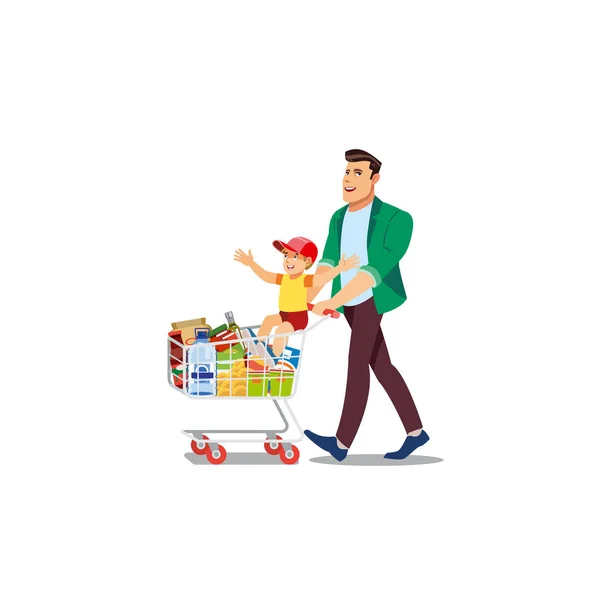 Pai comprando comida com filho Cartoon Vector —  Vetores de Stock