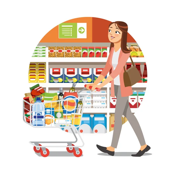 Žena nakupování v s potravinami Shop kreslené vektorové ikony — Stockový vektor