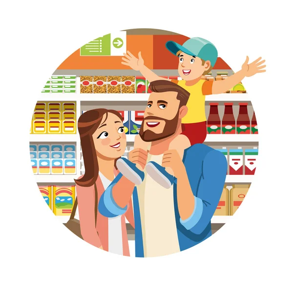 Rodina, Nakupování v s potravinami kreslené vektorové ikony — Stockový vektor