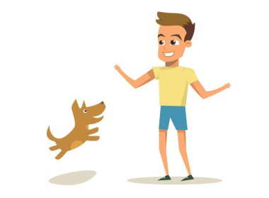 Vektör çizim karikatür küçük köpek ve çocuk