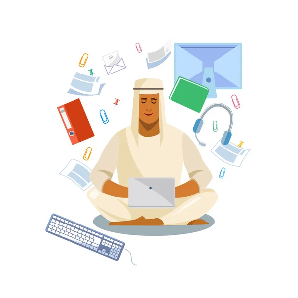 Arabian Man Distância Trabalhando com Laptop Vector — Vetor de Stock
