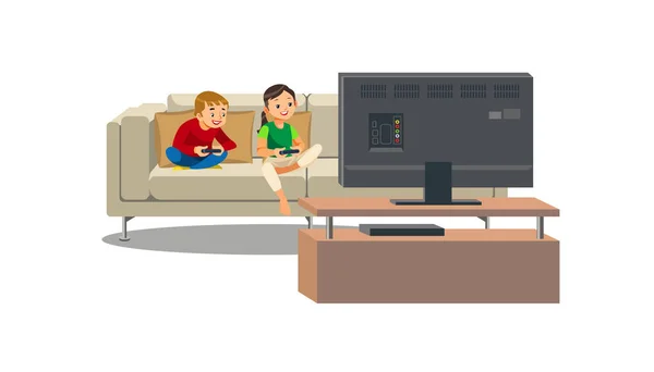Hermanos jugando a videojuegos en casa Vector — Vector de stock